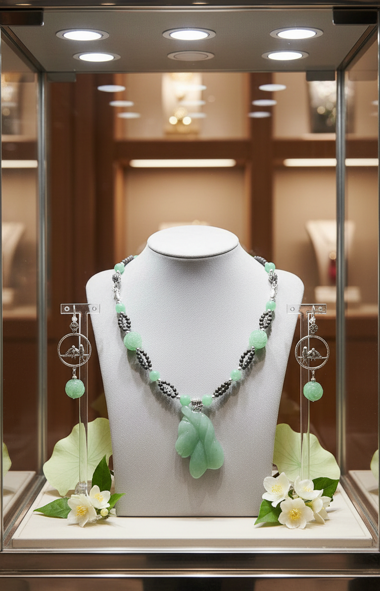 Parure en perles d' aventurine véritables sculptées en forme de fleurs et cheval