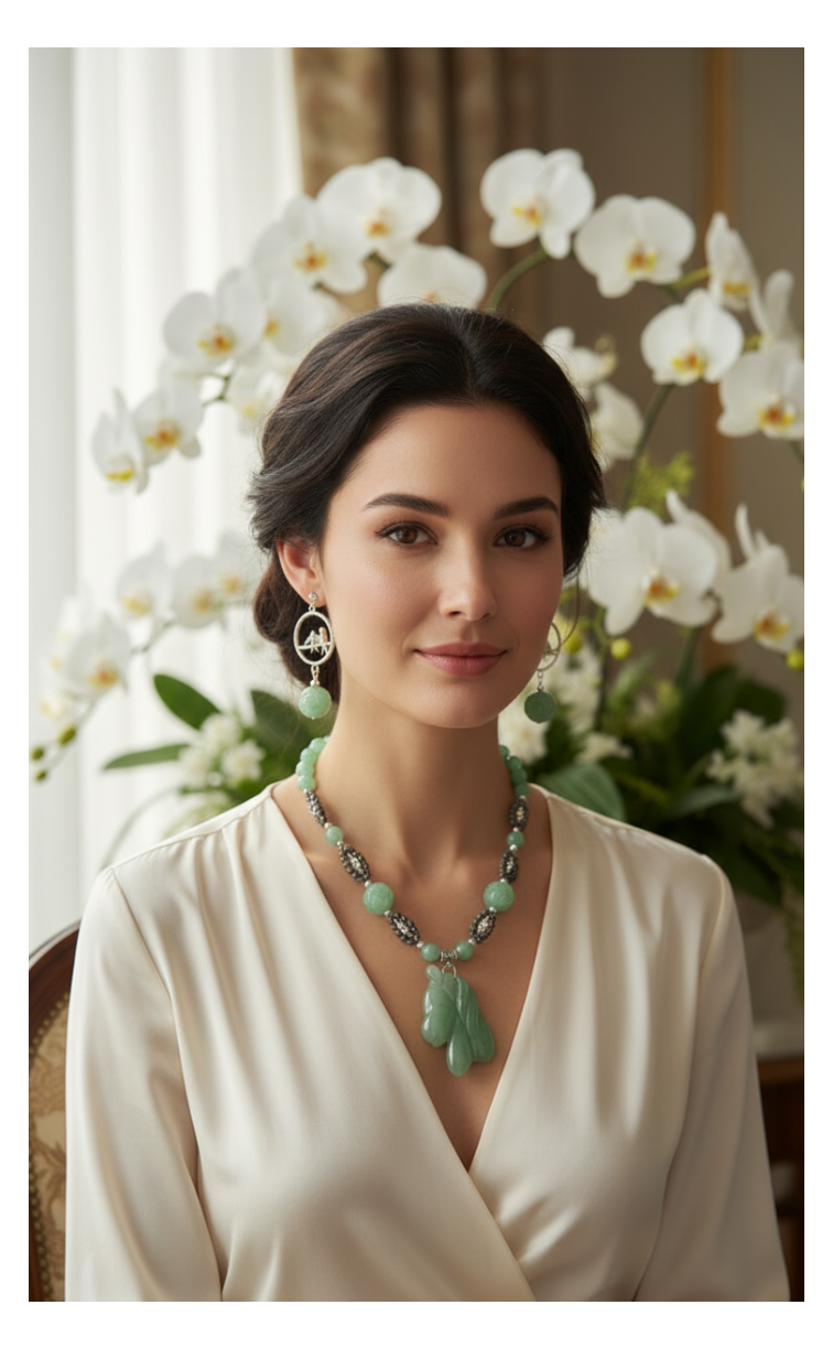 Parure en perles d' aventurine véritables sculptées en forme de fleurs et cheval