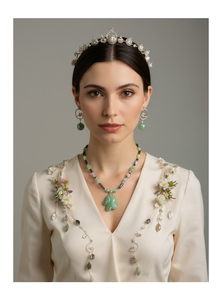 Parure en perles d' aventurine véritables sculptées en forme de fleurs et cheval