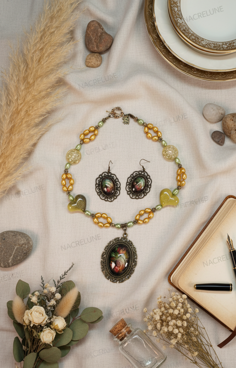 Jewelry set in genuine cultured pearls and acrylic beads with a glass cameo depicting flowers
