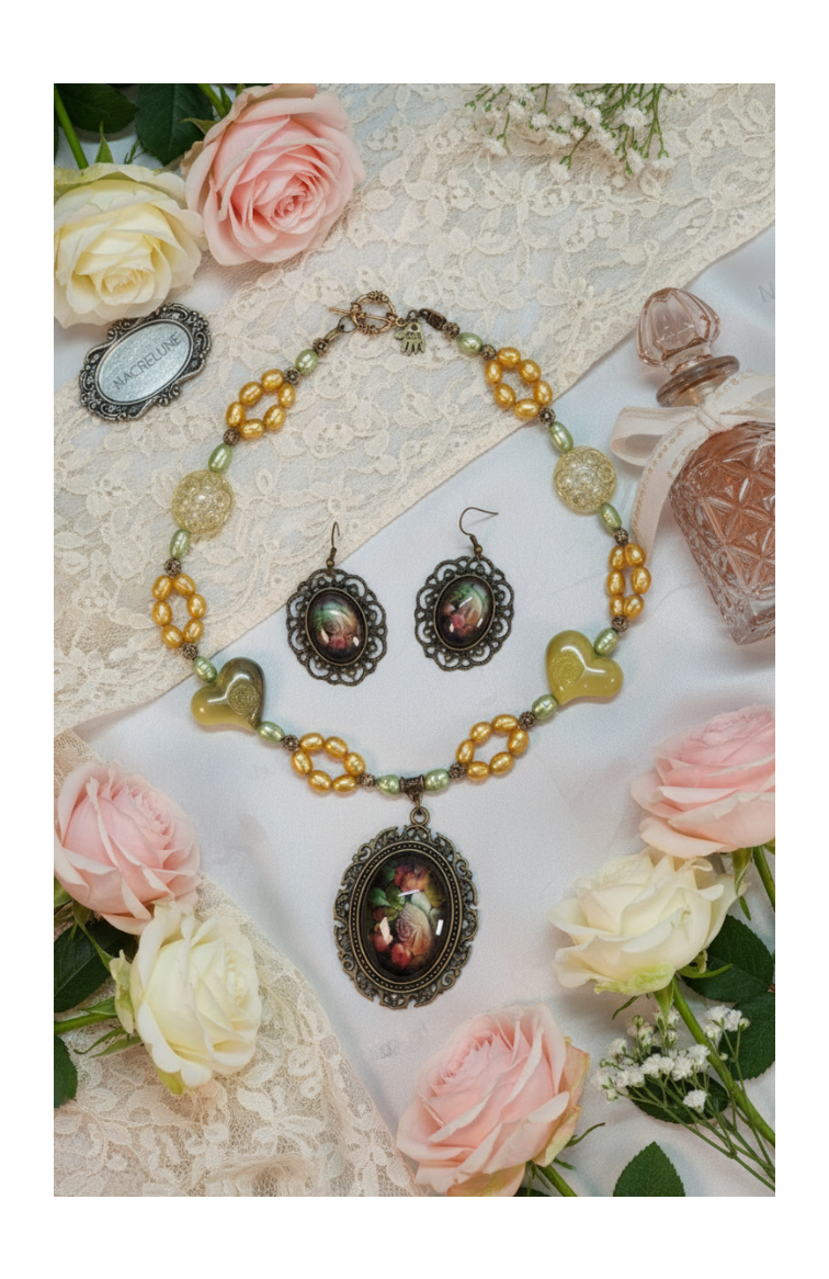 Jewelry set in genuine cultured pearls and acrylic beads with a glass cameo depicting flowers