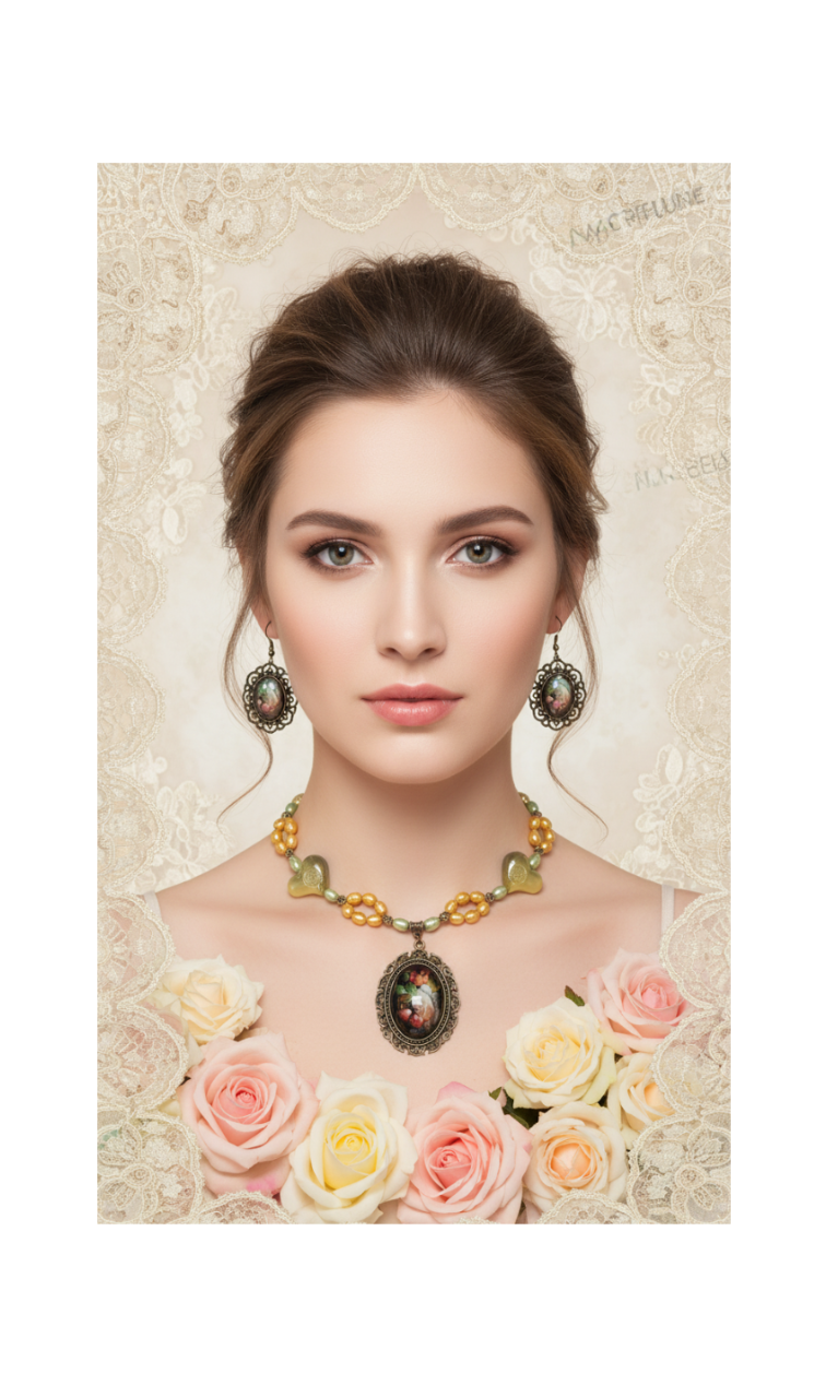 Jewelry set in genuine cultured pearls and acrylic beads with a glass cameo depicting flowers