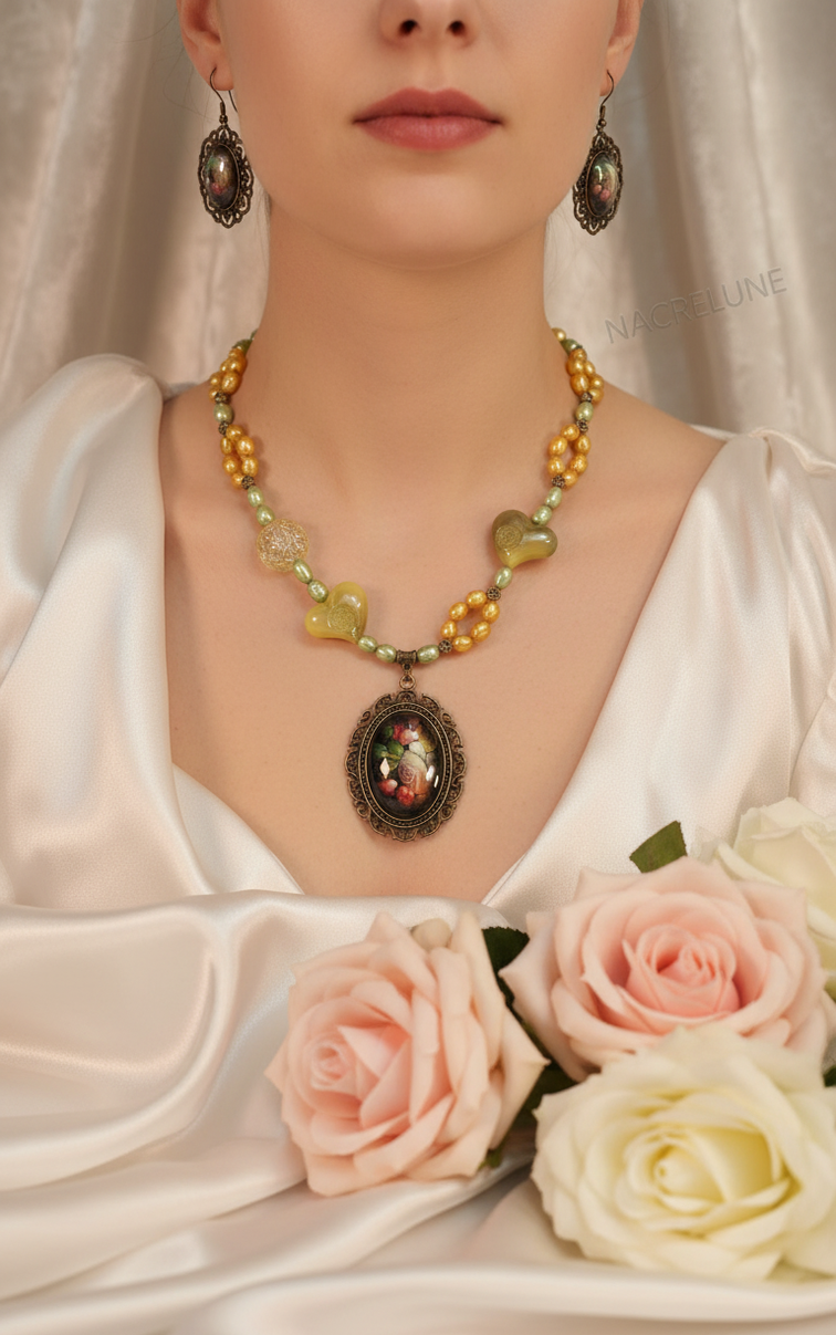 Jewelry set in genuine cultured pearls and acrylic beads with a glass cameo depicting flowers