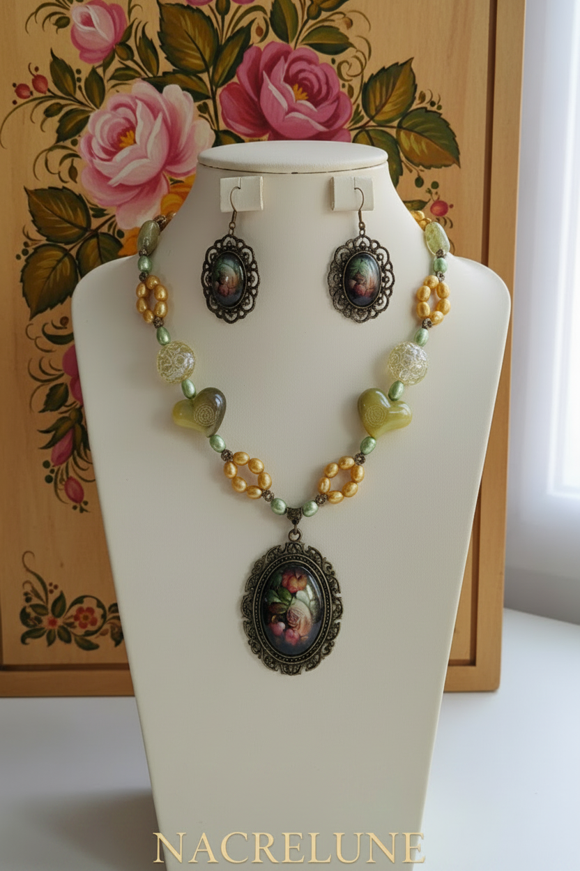 Jewelry set in genuine cultured pearls and acrylic beads with a glass cameo depicting flowers