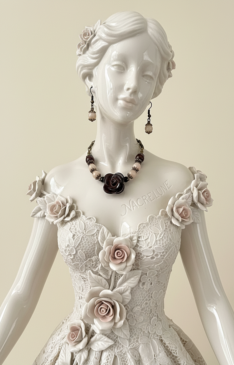 Parure Perles d'Agate Cornaline avec Fleur en Agate Sculptee - Ancrage & Vitalite Naturelle | NACRELUNE NACRELUNE parure