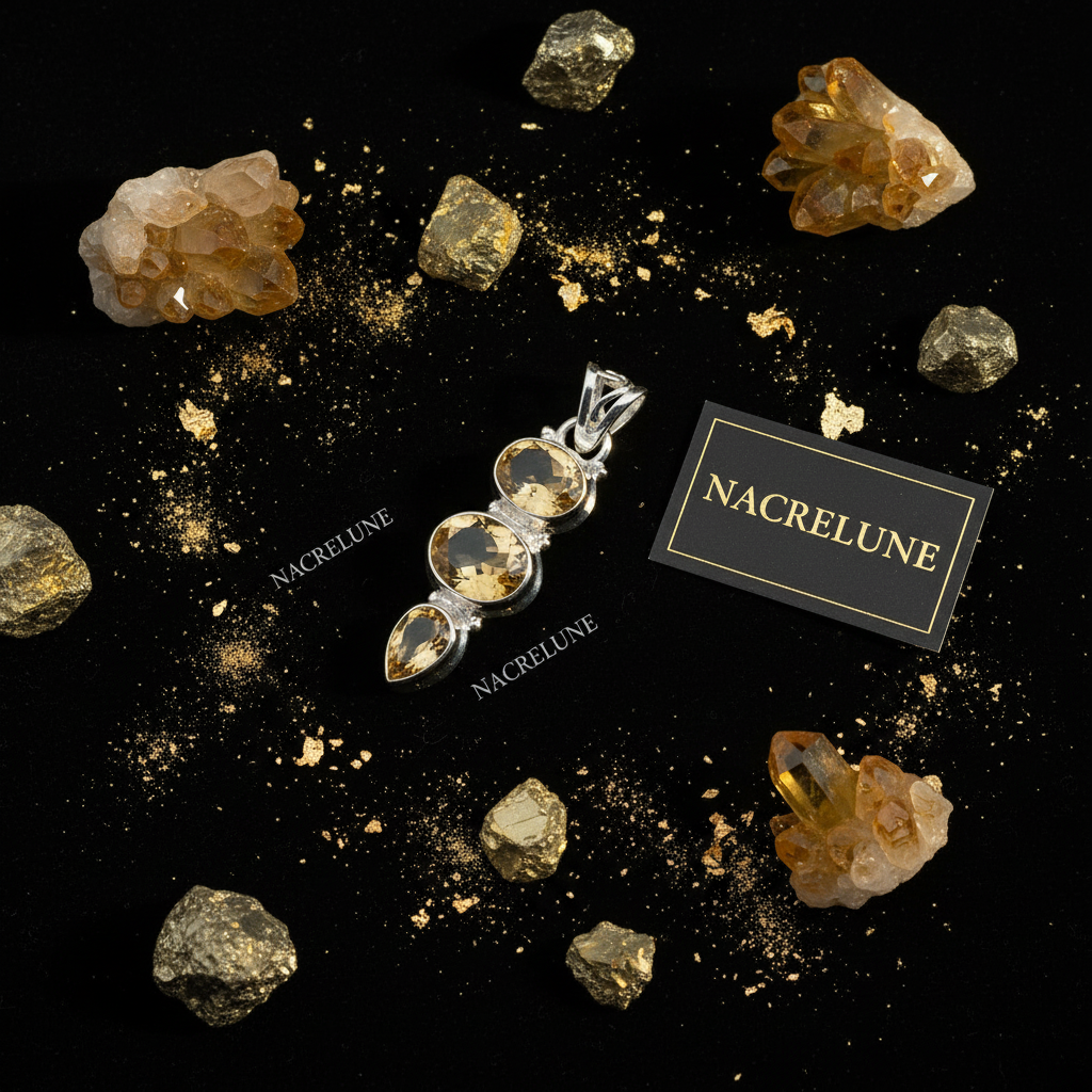 Pendentif en argent 925 avec citrines taillées nacrelune.com collier