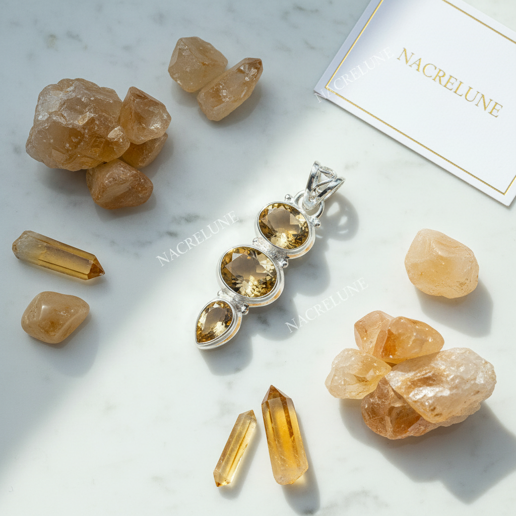 Pendentif en argent 925 avec citrines taillées nacrelune.com collier