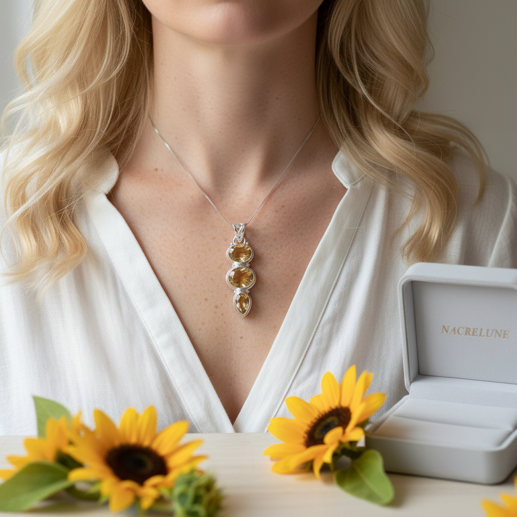 Pendentif en argent 925 avec citrines taillées nacrelune.com collier
