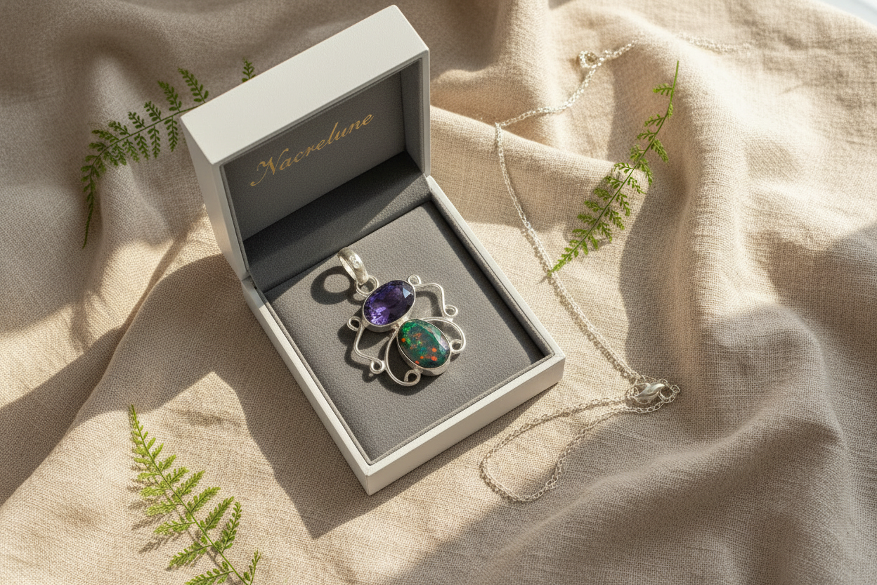 Pendentif en argent avec améthyste et topaze mystique taillées nacrelune.com pendentif