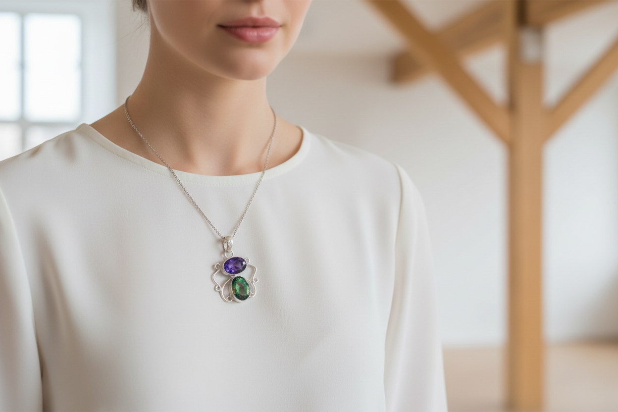 Pendentif en argent avec améthyste et topaze mystique taillées nacrelune.com pendentif