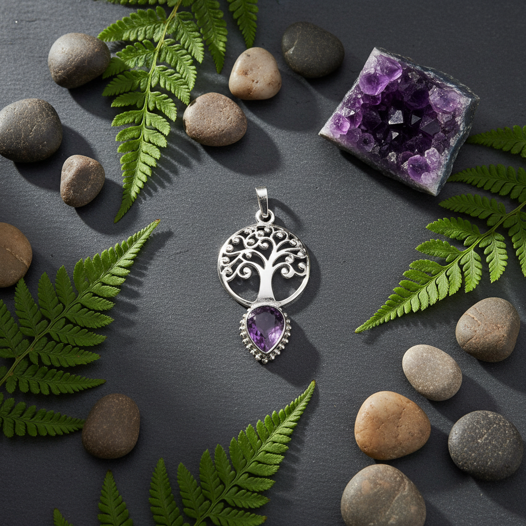Pendentif Arbre de Vie Laiton avec Pierre Naturelle Lithothérapie Violet nacrelune.com pendentif