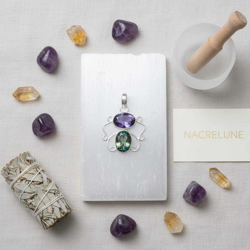 Pendentif améthyste topaze à plat zen