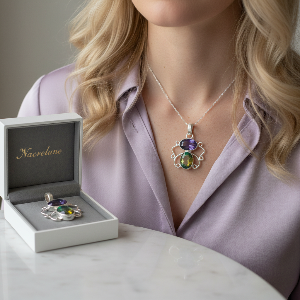 Pendentif améthyste topaze porté macro