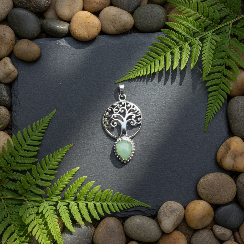 Pendentif Arbre de Vie Laiton avec Pierre Naturelle Lithothérapie Vert nacrelune.com pendentif