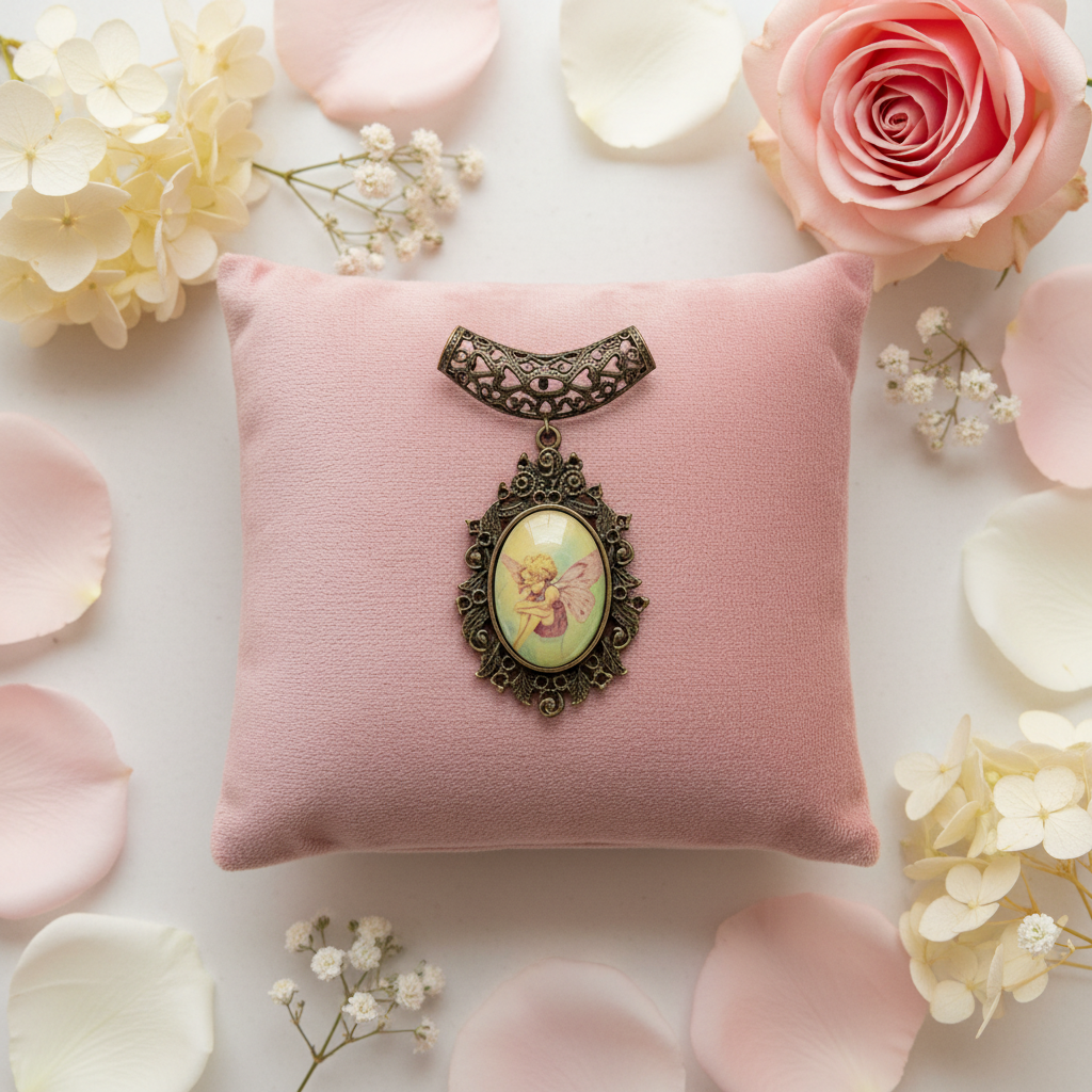 Pendentif camée artisanal avec une fée des fleurs nacrelune.com collier