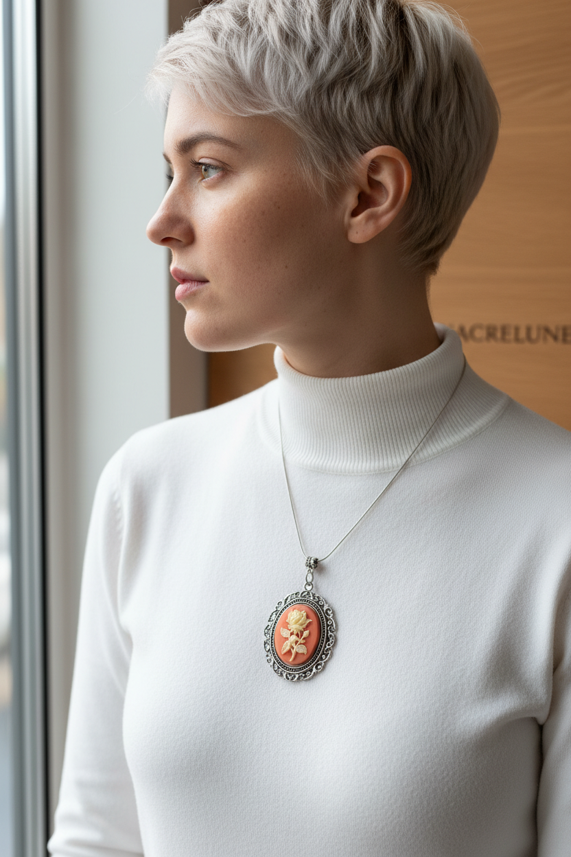 Grand pendentif camée en résine avec rose blanche : couleur à choisir nacrelune.com pendentif