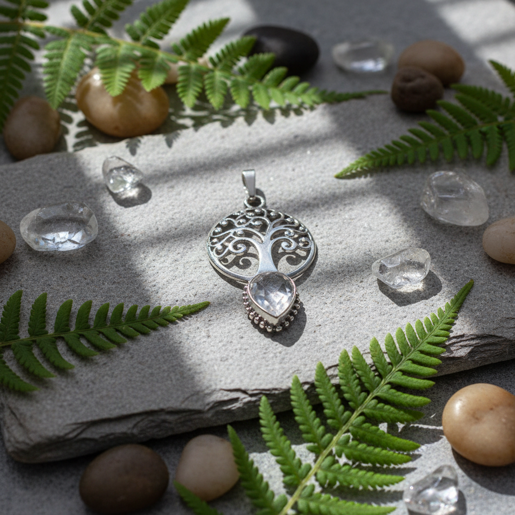 Pendentif Arbre de Vie Laiton avec Pierre Naturelle Lithothérapie Blanc nacrelune.com pendentif