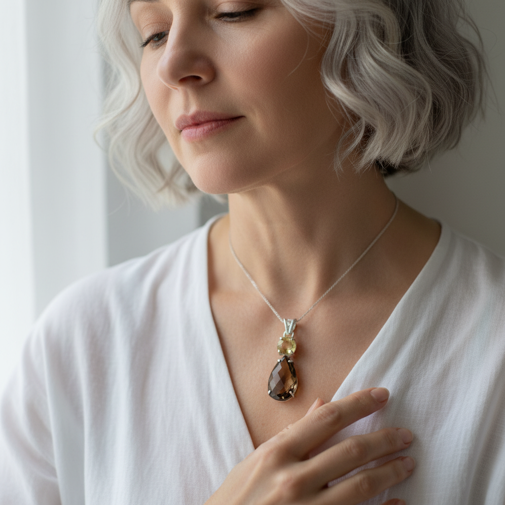 Pendentif en argent 925 avec citrine et quartz fumé taillés nacrelune.com collier