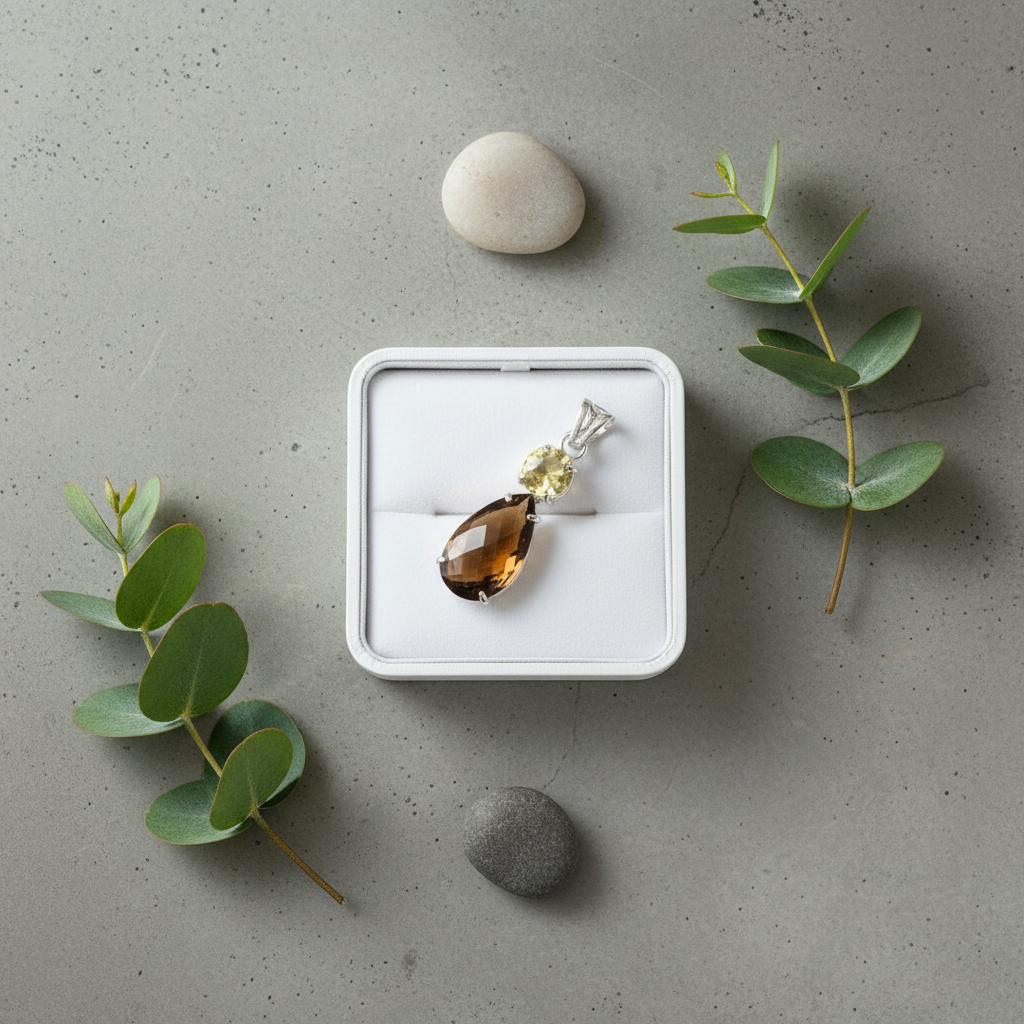 Pendentif en argent 925 avec citrine et quartz fumé taillés nacrelune.com collier