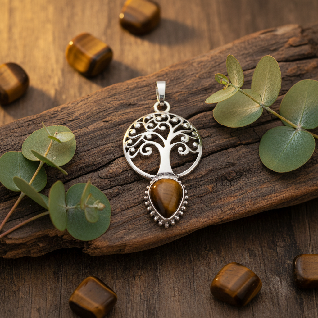 Pendentif Arbre de Vie Laiton avec Pierre Naturelle Lithothérapie Marron nacrelune.com pendentif