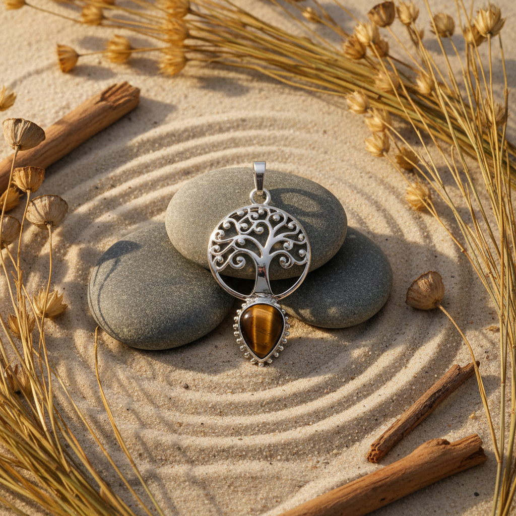 Pendentif Arbre de Vie Laiton avec Pierre Naturelle Lithothérapie nacrelune.com pendentif