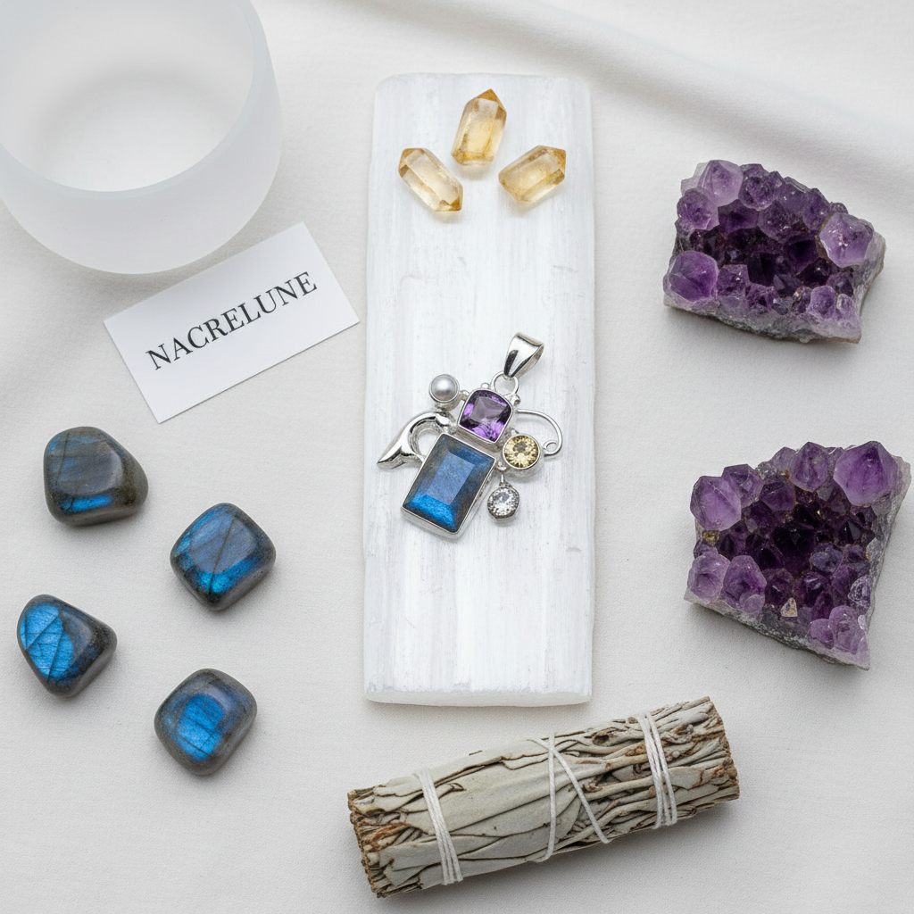 Pendentif en argent 925 avec labradorite, améthyste et citrine nacrelune.com pendentif