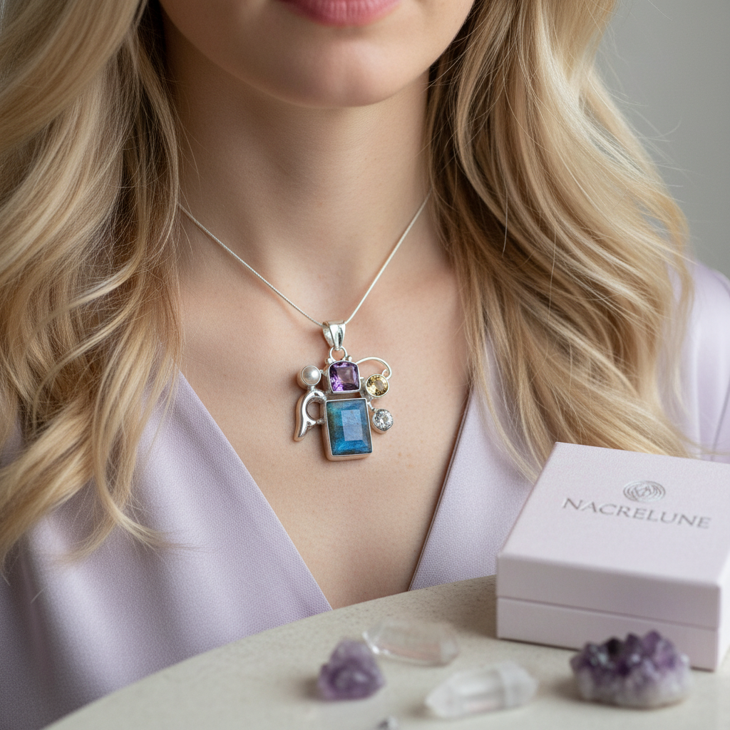 Pendentif en argent 925 avec labradorite, améthyste et citrine nacrelune.com pendentif