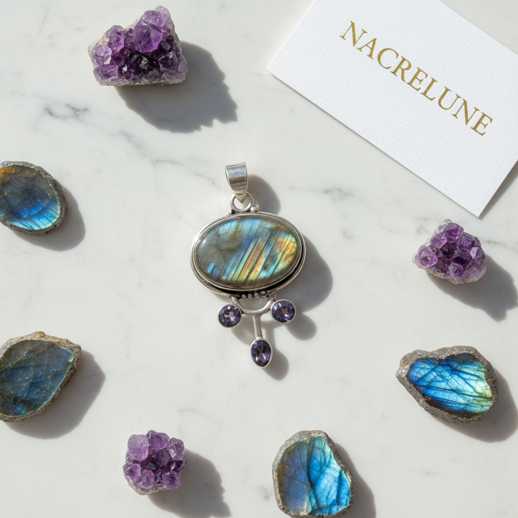 pendentif argent 925 avec labradorite et amethystes nacrelune.com pendentif