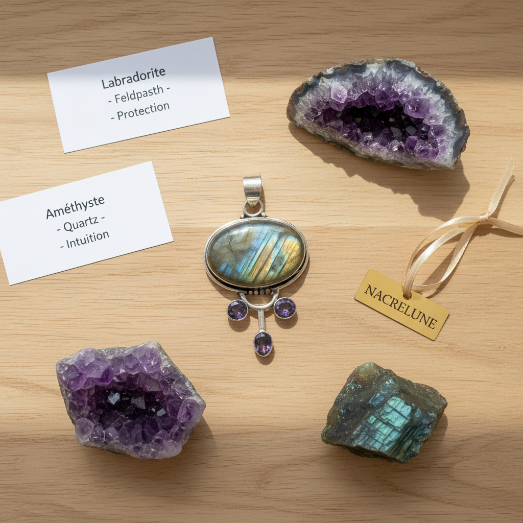 pendentif argent 925 avec labradorite et amethystes nacrelune.com pendentif