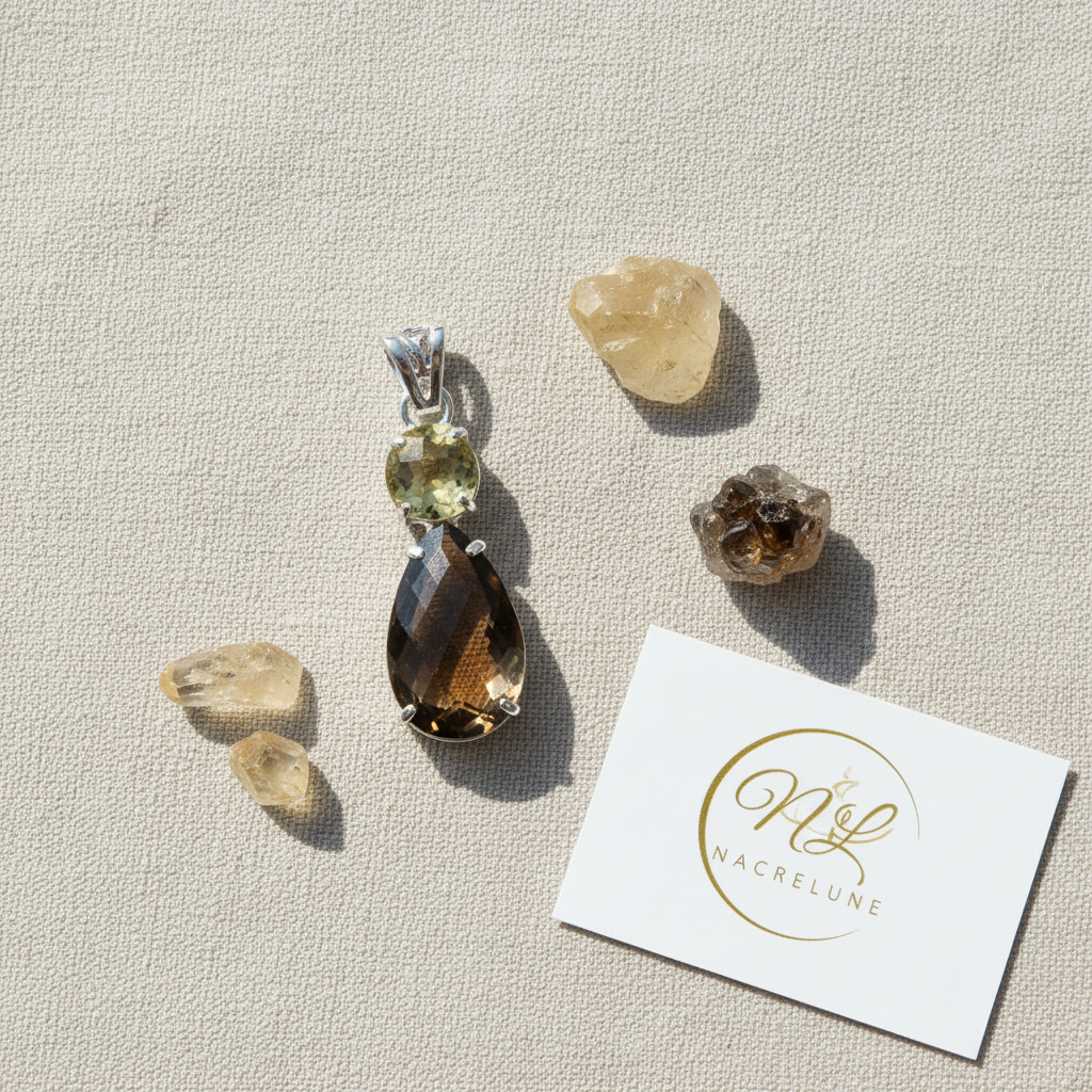 Pendentif en argent 925 avec citrine et quartz fumé taillés nacrelune.com collier