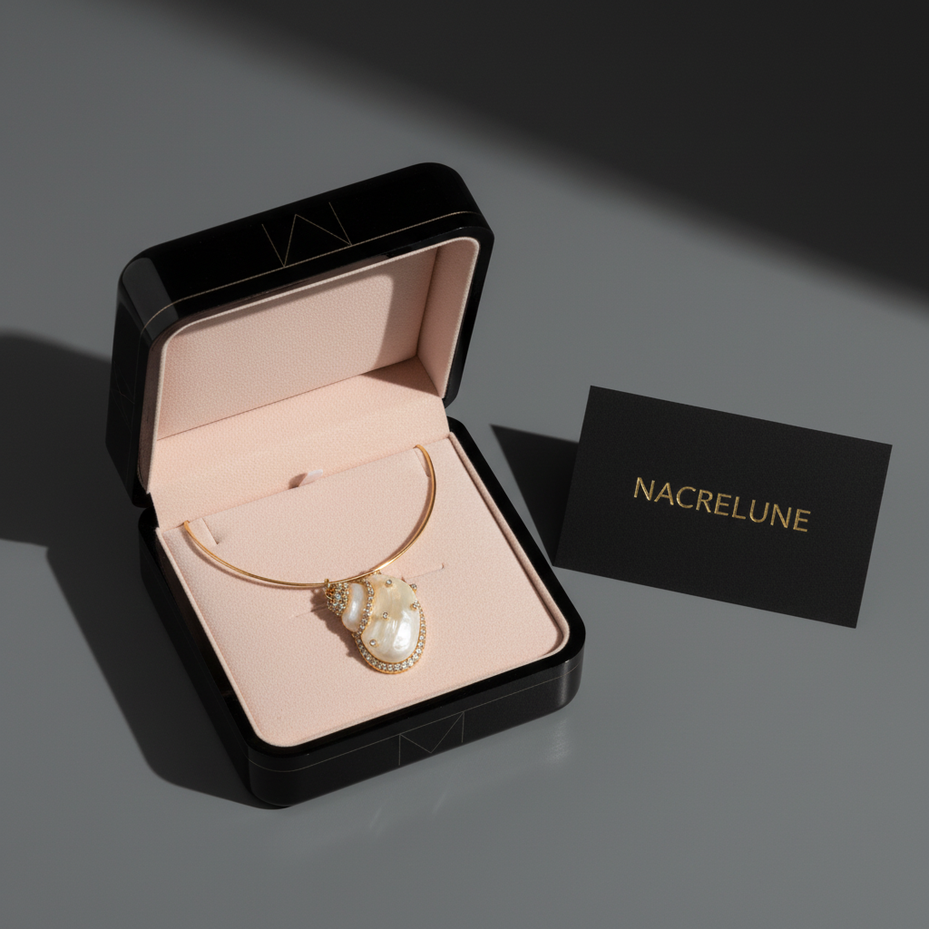 Pendentif en nacre incrusté de strass avec tour du cou semi rigide assorti nacrelune.com pendentif