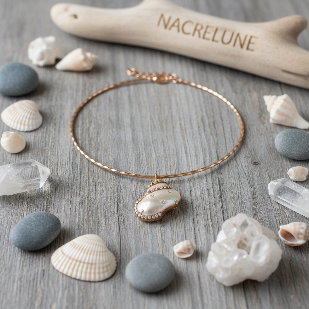 Pendentif en nacre incrusté de strass avec tour du cou semi rigide assorti nacrelune.com pendentif