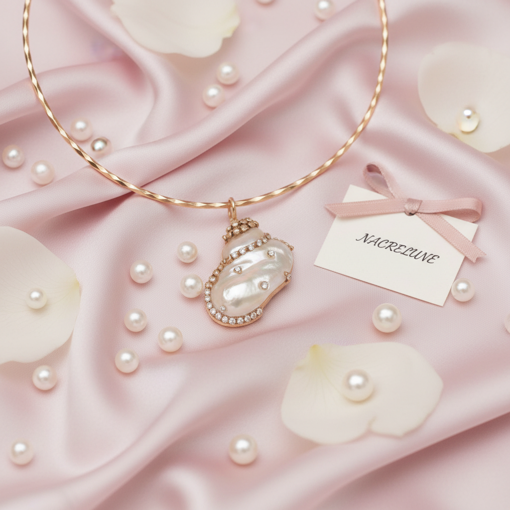 Pendentif en nacre incrusté de strass avec tour du cou semi rigide assorti nacrelune.com pendentif