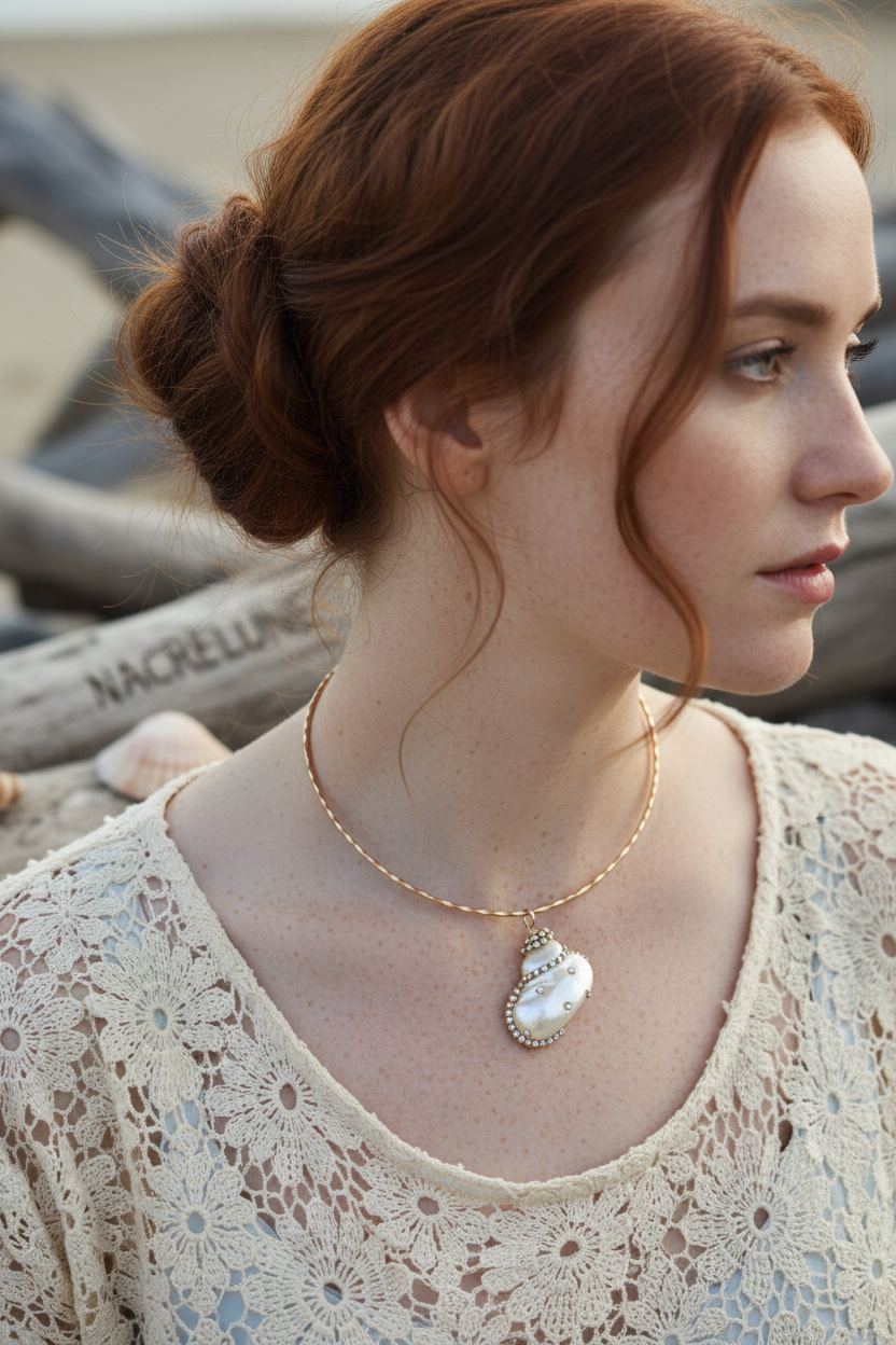 Pendentif en nacre incrusté de strass avec tour du cou semi rigide assorti nacrelune.com pendentif