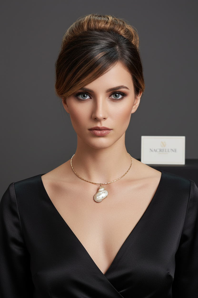 Pendentif en nacre incrusté de strass avec tour du cou semi rigide assorti nacrelune.com pendentif