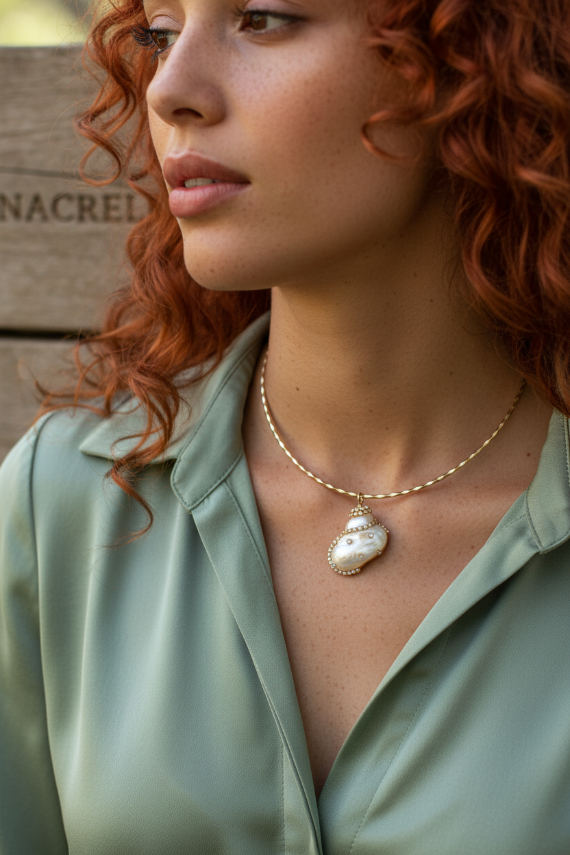 Pendentif en nacre incrusté de strass avec tour du cou semi rigide assorti nacrelune.com pendentif