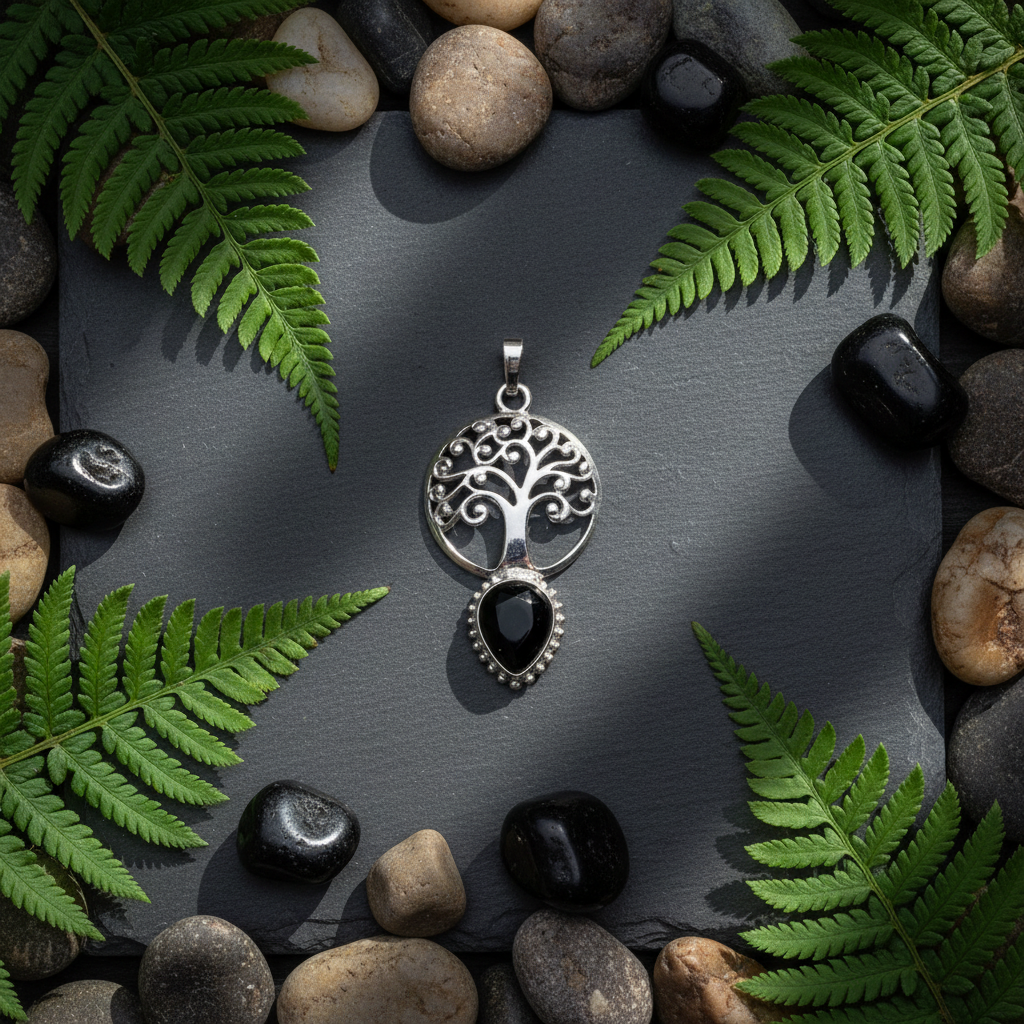 Pendentif Arbre de Vie Laiton avec Pierre Naturelle Lithothérapie Noir nacrelune.com pendentif