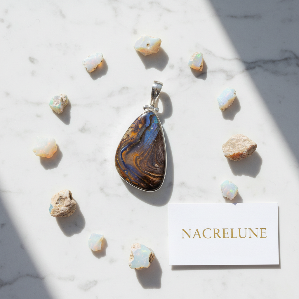 Pendentif en argent 925 avec opale brute dans sa roche mère nacrelune.com pendentif