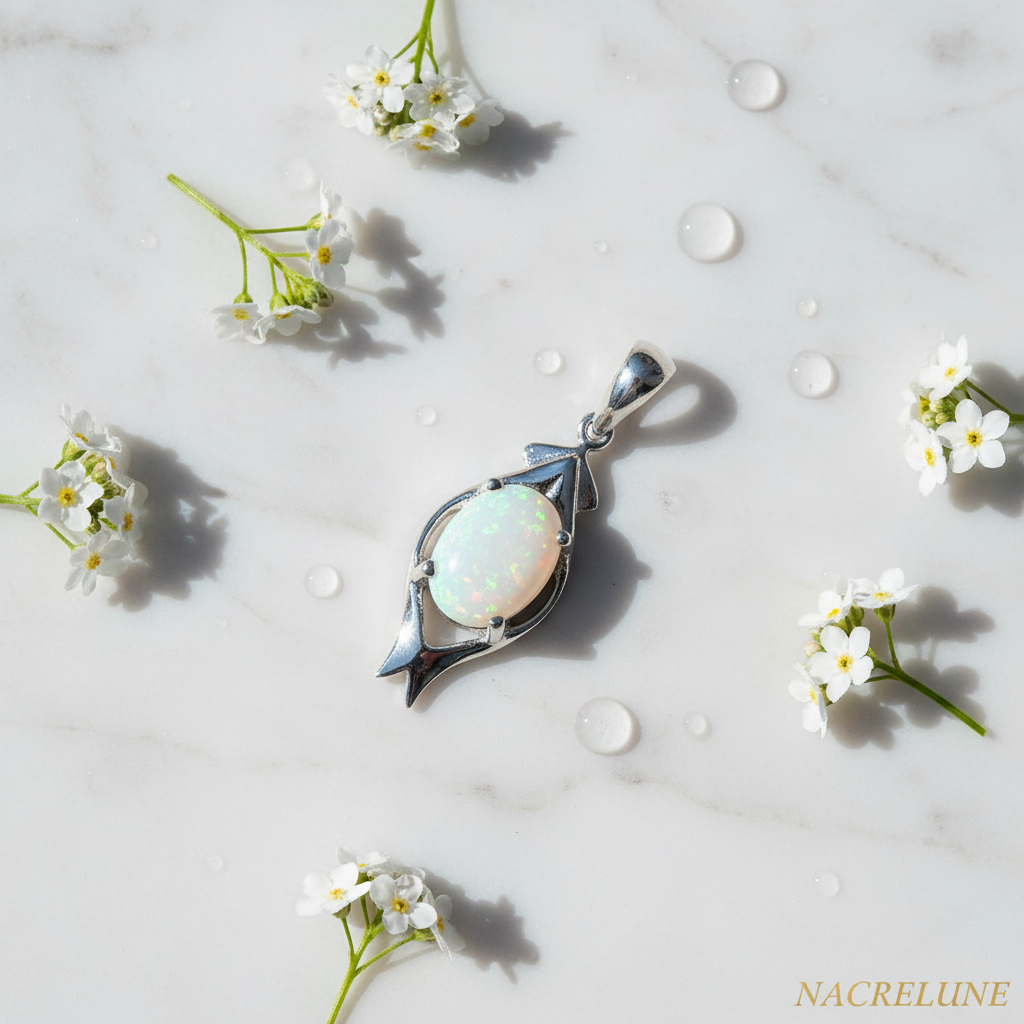 Petit pendentif en argent avec opale de synthèse nacrelune.com pendentif