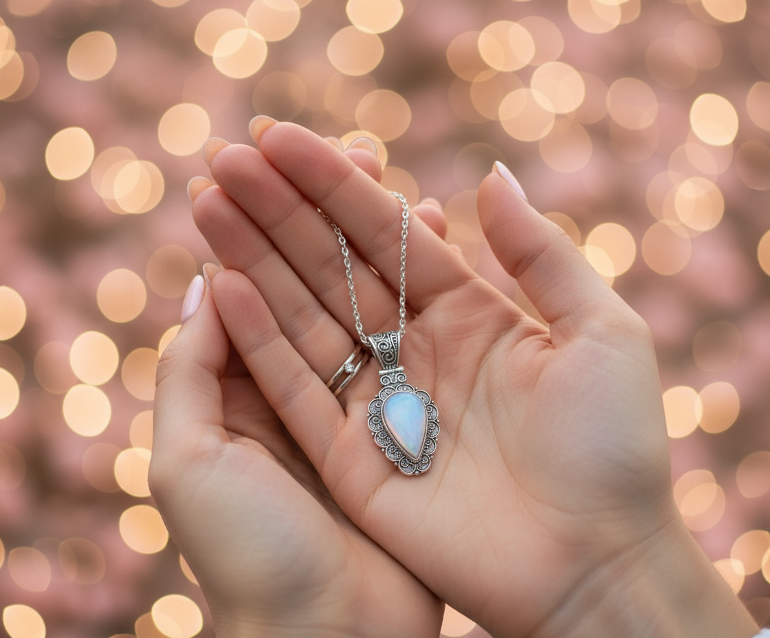 Pendentif fantaisie argenté avec opalite naturelle nacrelune.com pendentif
