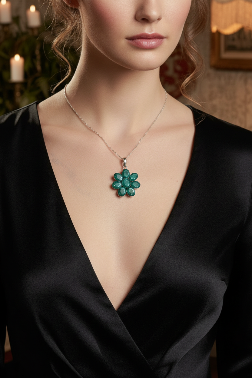 pendentif argent 925 avec émeraudes facettées NACRELUNE pendentif