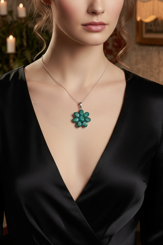 pendentif argent 925 avec émeraudes facettées NACRELUNE pendentif