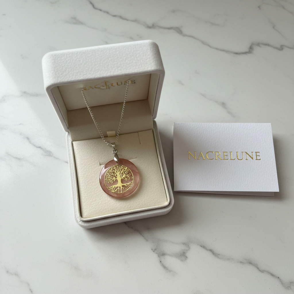 Pendentif quartz rose arbre vie écrin NACRELUNE