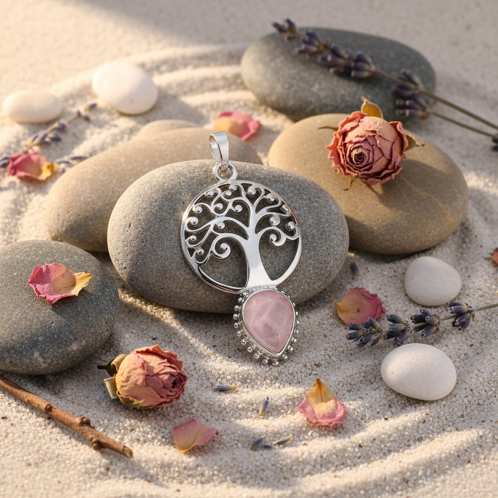 Pendentif quartz rose - galets zen