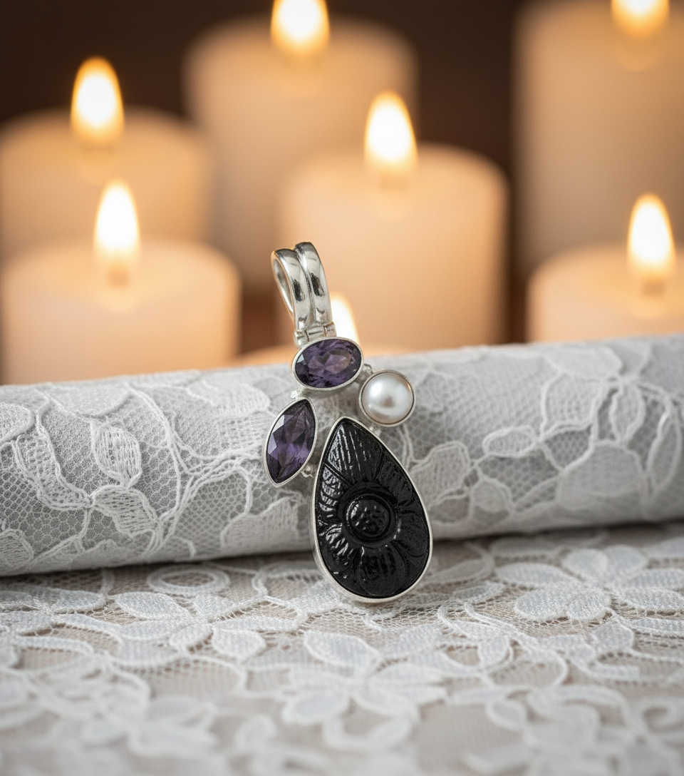 Pendentif en argent 925 avec pierres taillées serties NACRELUNE pendentif