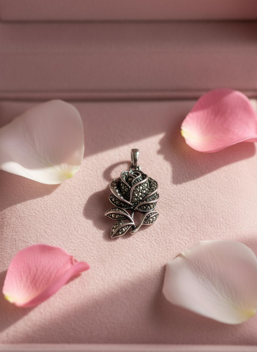 Pendentif argent et marcassites en forme de rose nacrelune.com pendentif