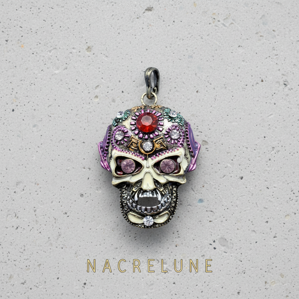 Pendentif mexicain ou gothique tête de mort, choisissez la couleur des yeux Mauve nacrelune.com collier
