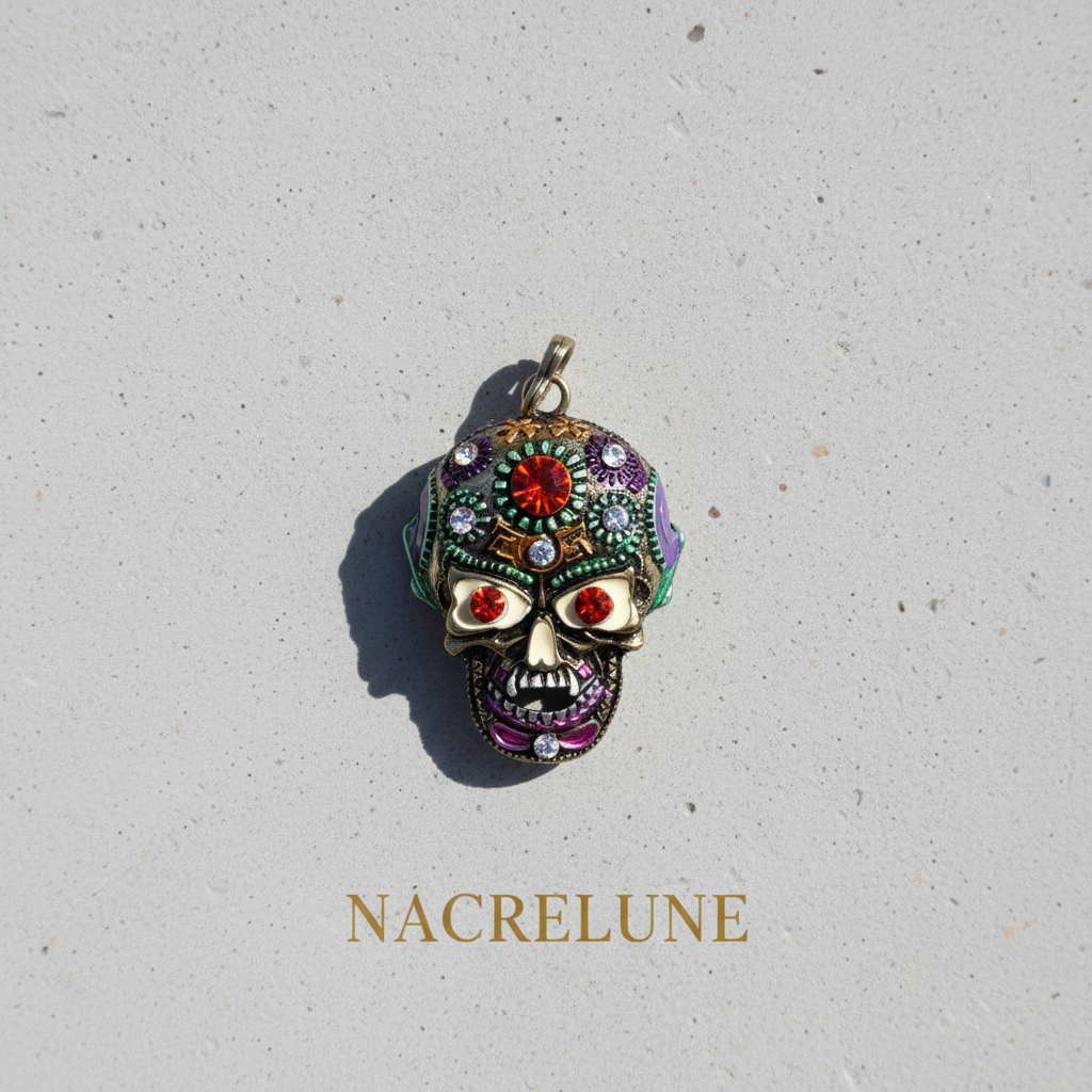 Pendentif mexicain ou gothique tête de mort, choisissez la couleur des yeux Rouge nacrelune.com collier