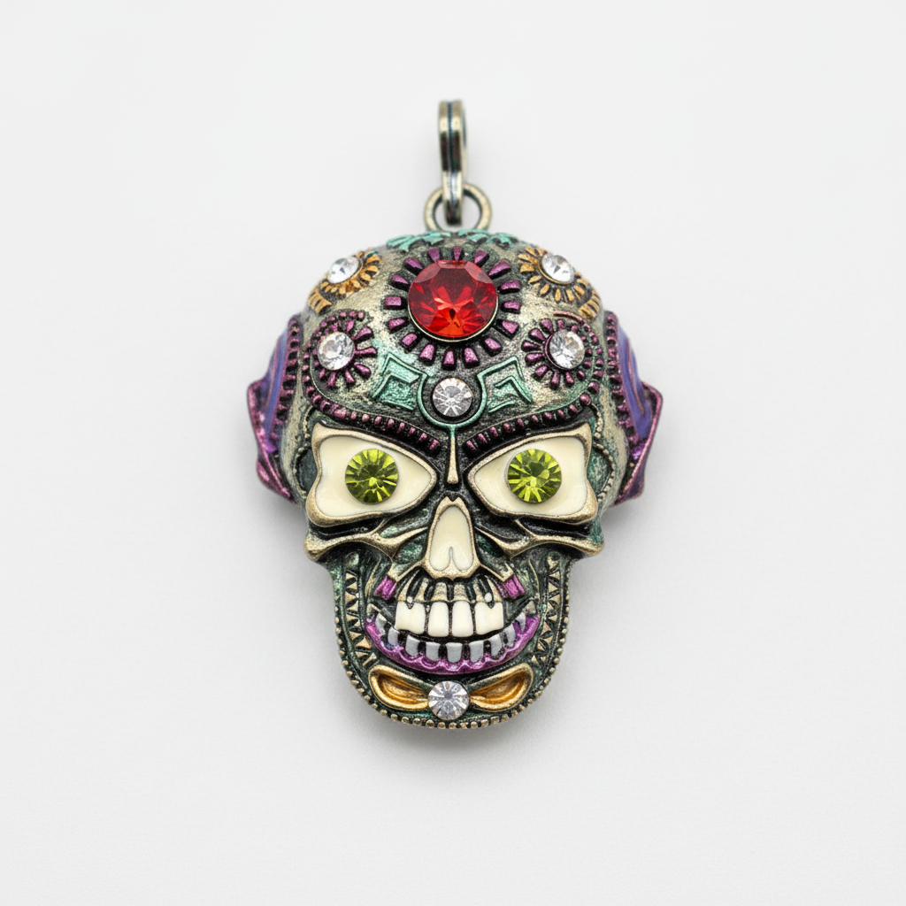 Pendentif mexicain ou gothique tête de mort, choisissez la couleur des yeux Vert nacrelune.com collier