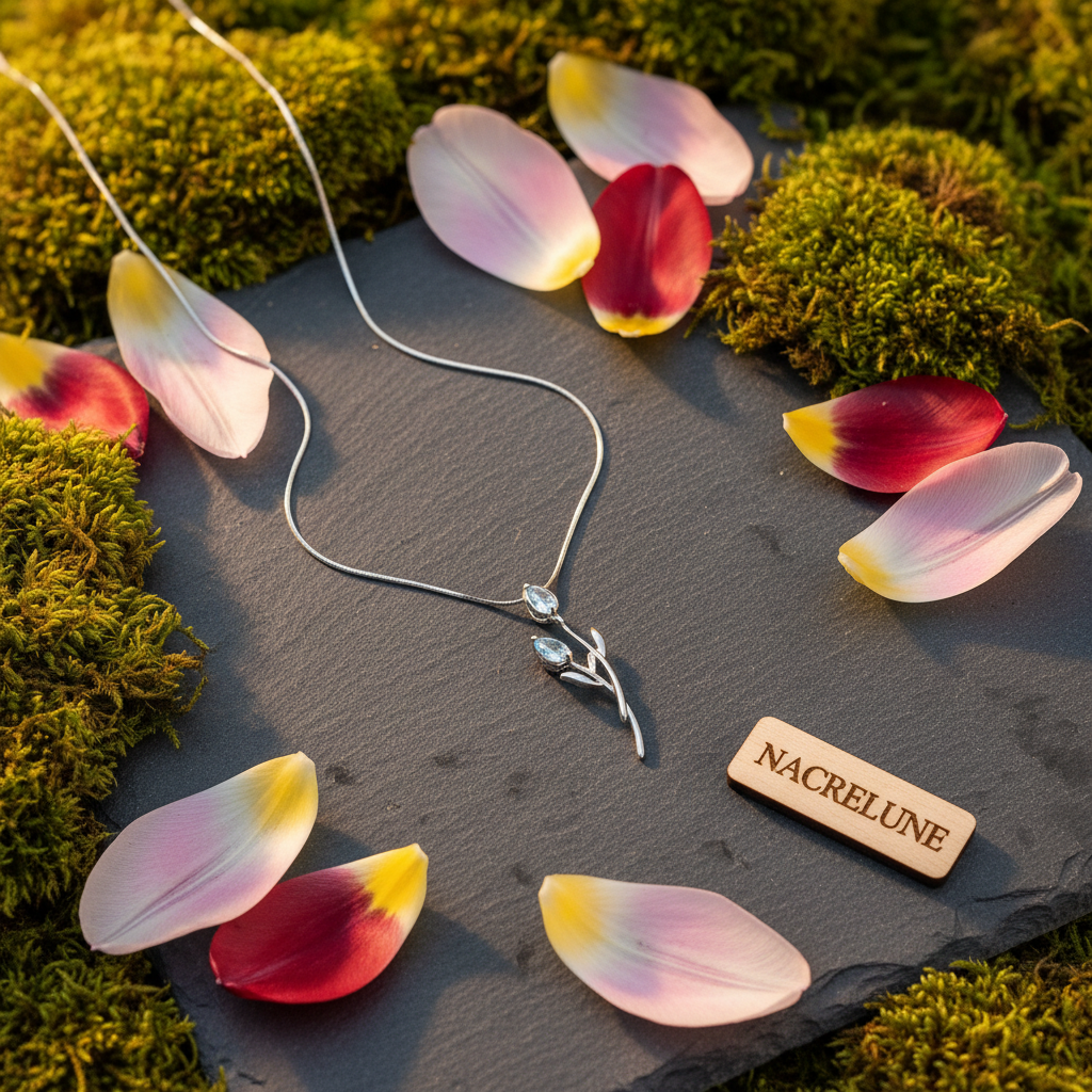 Pendentif en forme de tulipe en argent véritable et sa chaîne NACRELUNE